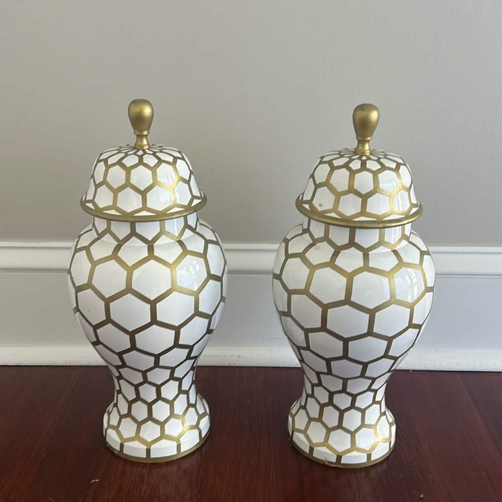 Dana Gibson gold and white vases with lids. Set of two. link to original below
